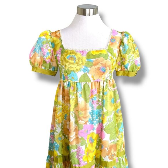 Vintage 1960s Womens Maxi Dress Sz Small Medium Boho Floral Puff Sleeve Tiered - Picture 4 of 10